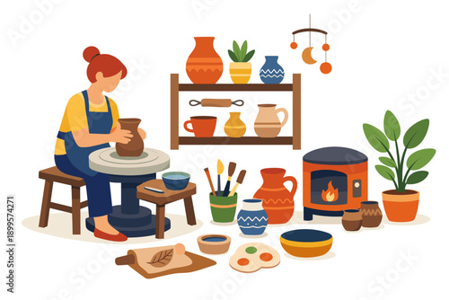 Woman artist shaping clay on a pottery wheel in a creative studio setting