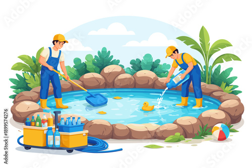 Two workers cleaning a small pond with tools and cleaning supplies nearby