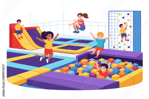 Children joyfully playing in a vibrant indoor trampoline and climbing park
