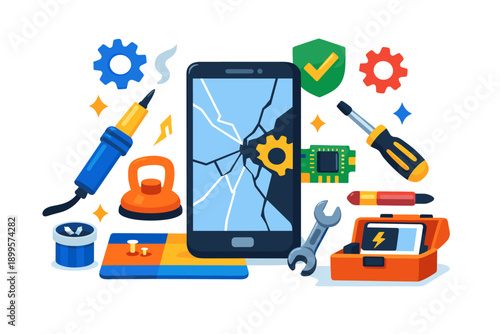 Smartphone repair service with tools and cracked screen illustration