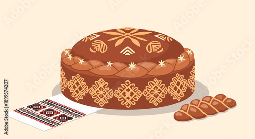 Traditional ukrainian bread with embroidery design and pastry on side