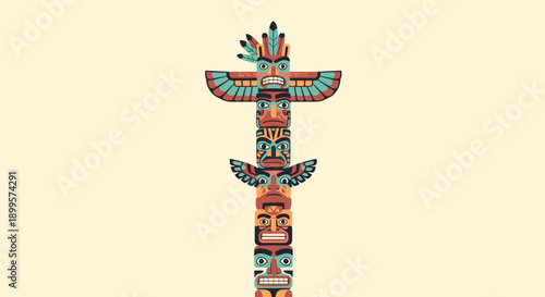 Colorful totem pole design with tribal faces on beige background