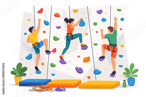 Diverse group of people enjoying indoor rock climbing activity together