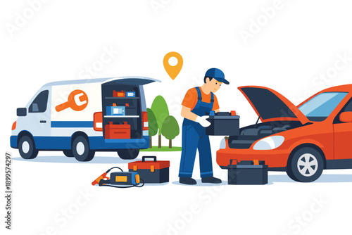 Mobile mechanic performing car battery replacement service with a service van and tools
