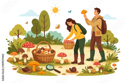 Couple happily foraging for mushrooms in a forest during a sunny autumn day