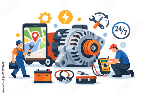 Car alternator repair service with mechanics, tools, and diagnostic equipment