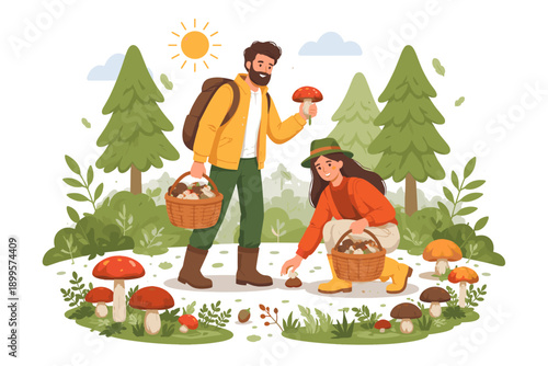 Couple happily gathering mushrooms in a forest during a sunny autumn day
