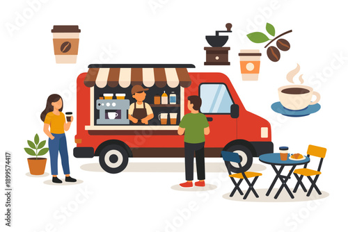 Red coffee truck serving customers with outdoor seating and fresh brewed coffee