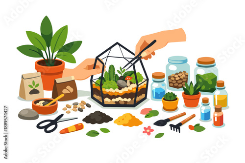 Hands creating a beautiful terrarium with plants, soil, and gardening tools