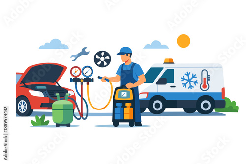 Automotive air conditioning service technician performing car AC repair with specialized equipment