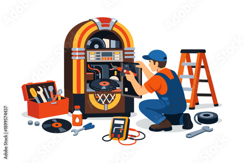 Technician repairing a vintage jukebox with tools and equipment nearby
