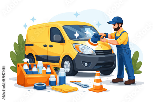 Professional car detailing service with a worker polishing a yellow van using a buffer