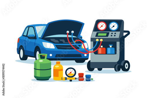 Car air conditioning service with specialized equipment and refrigerant cylinder