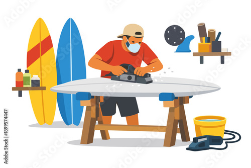 Craftsman shaping a surfboard with a power planer in a workshop setting