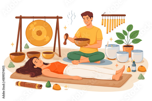Sound healing session with singing bowls and gong for relaxation and meditation