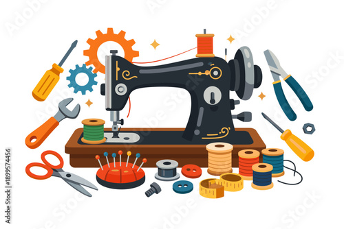 Vintage sewing machine surrounded by threads, buttons, and tools for crafting