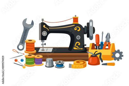 Vintage sewing machine with spools of thread and repair tools arranged on a wooden surface