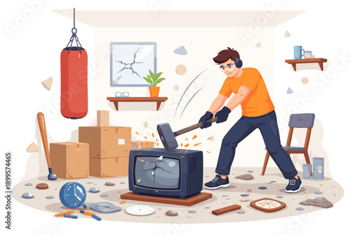 Man smashing old television with a sledgehammer in a room filled with boxes and debris
