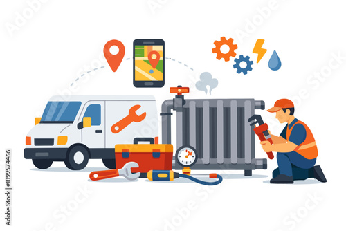Plumber with tools and van fixing radiator, showing service dispatch and repair process