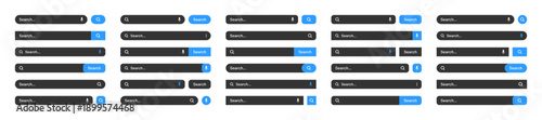 Various search bar templates. Internet browser engine with search box, address bar and text field. UI design, website interface element with web icons and push button. Vector illustration
