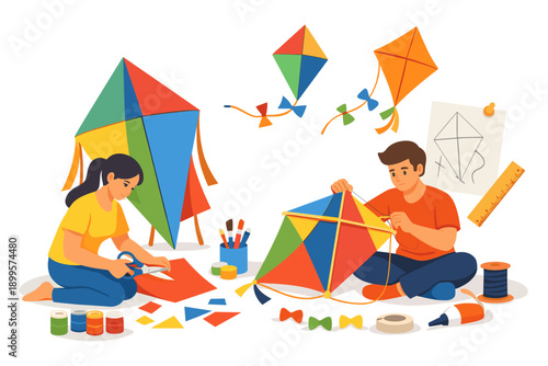 Children happily making colorful kites together, enjoying a creative outdoor activity