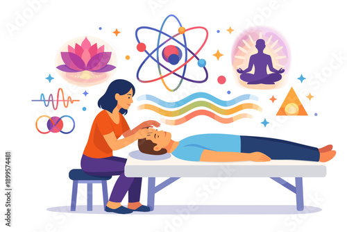 Holistic healing session with energy waves and spiritual symbols