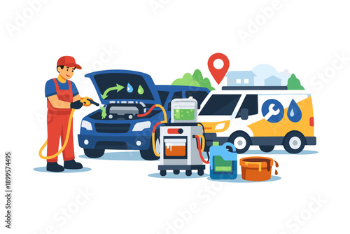 Mechanic performing car maintenance with specialized equipment and service van nearby