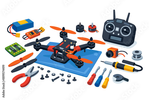 DIY drone assembly with tools and components laid out for building