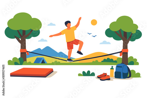 Man balancing on a slackline between trees in a park with mountains and a tent in the background