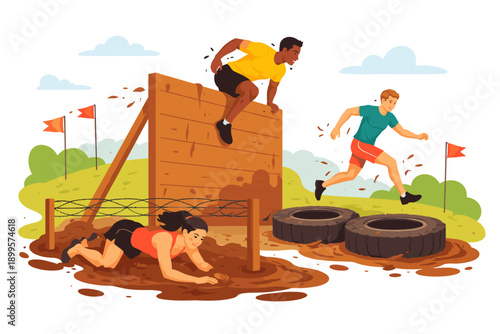 People participating in a challenging mud obstacle course race, overcoming barriers