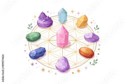 Collection of colorful crystals arranged on the Flower of Life sacred geometry symbol