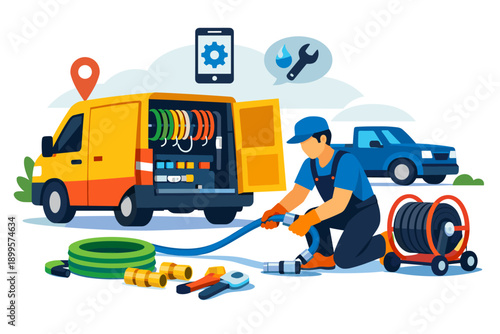 Mobile service technician with tools and van, ready for plumbing or repair work