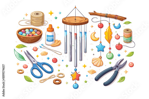 DIY wind chime craft supplies and tools for making a personalized hanging decoration