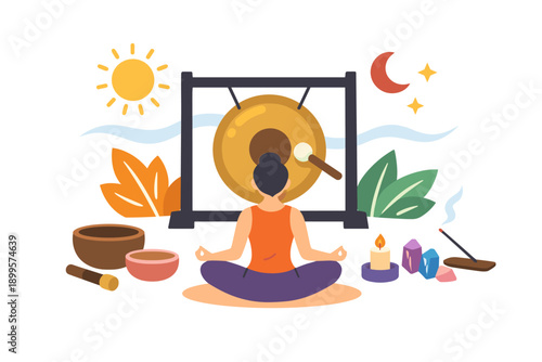 Woman meditating with gong, crystals, and incense for sound healing and spiritual practice