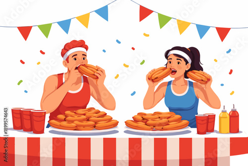 Man and woman intensely eating hot dogs in a competitive eating contest with festive decorations