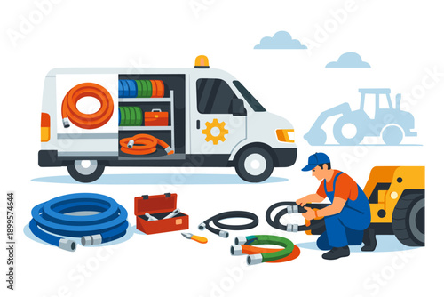 Mechanic with service van and equipment preparing for plumbing or construction job