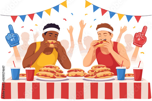 Competitive eaters race to consume piles of hot dogs at a lively eating contest