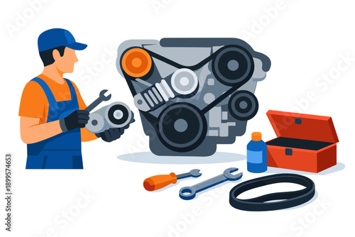 Mechanic working on car engine with tools and spare parts, illustrating auto repair services