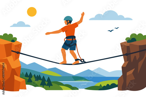 Man balancing on a slackline between two cliffs with a scenic mountain and lake landscape