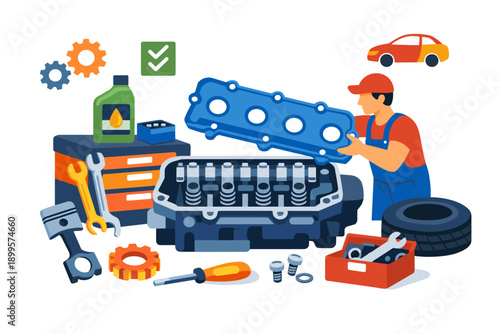 Mechanic assembling a car engine with tools and parts, representing auto repair and maintenance