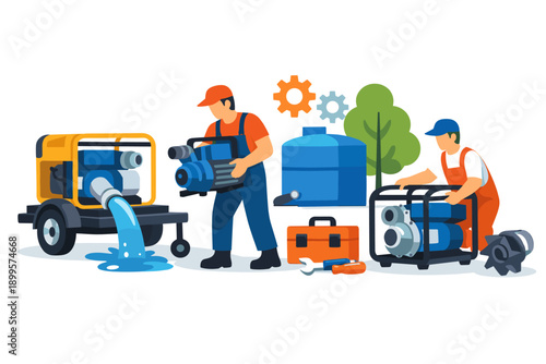 Mechanics installing water pumps and generators for industrial water management solutions