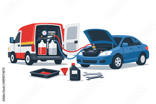 Mobile mechanic servicing a car with specialized equipment from a van