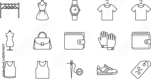 Fashion and apparel industry line icon set including clothing accessories sewing tools and retail shopping elements