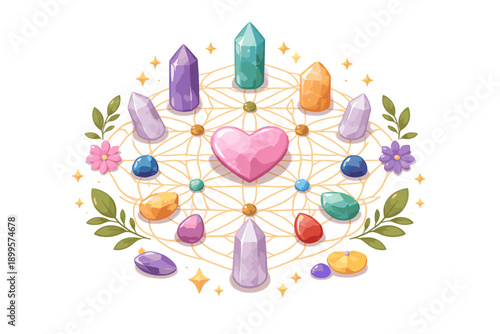 Sacred geometry crystal grid with heart and flowers for spiritual healing and meditation