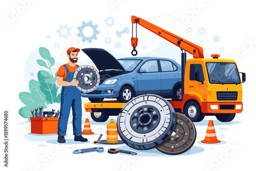 Mechanic holding clutch parts next to car on tow truck with tools and cones