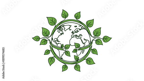 Globe of the earth surrounded by a circular vine of green leaves representing global environmental protection and planetary health.