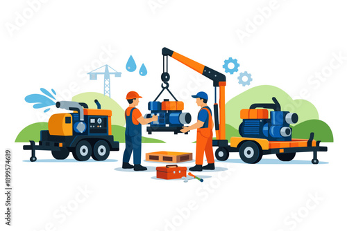 Construction workers installing heavy machinery with a crane and tools on a site