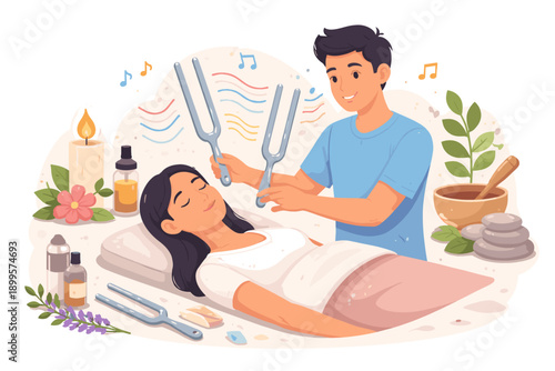 Sound healing therapy session with tuning forks for relaxation and wellness
