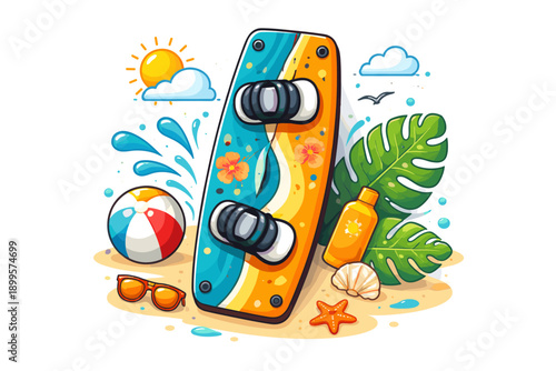 Summer beach vacation with kiteboard, sunglasses, beach ball, and sunscreen