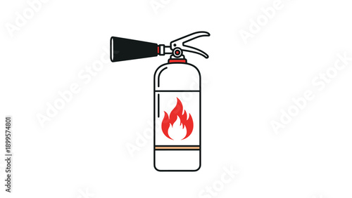 Safety equipment icon showing a white fire extinguisher with a red flame symbol and black nozzle on a white background.